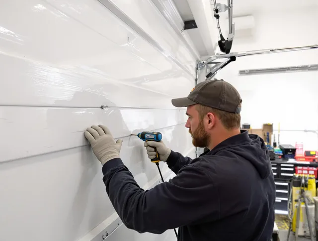 Burbank Garage Door Repair technician demonstrating precision dent removal techniques on a Burbank garage door