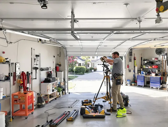 Burbank Garage Door Repair specialist performing laser-guided track alignment in Burbank